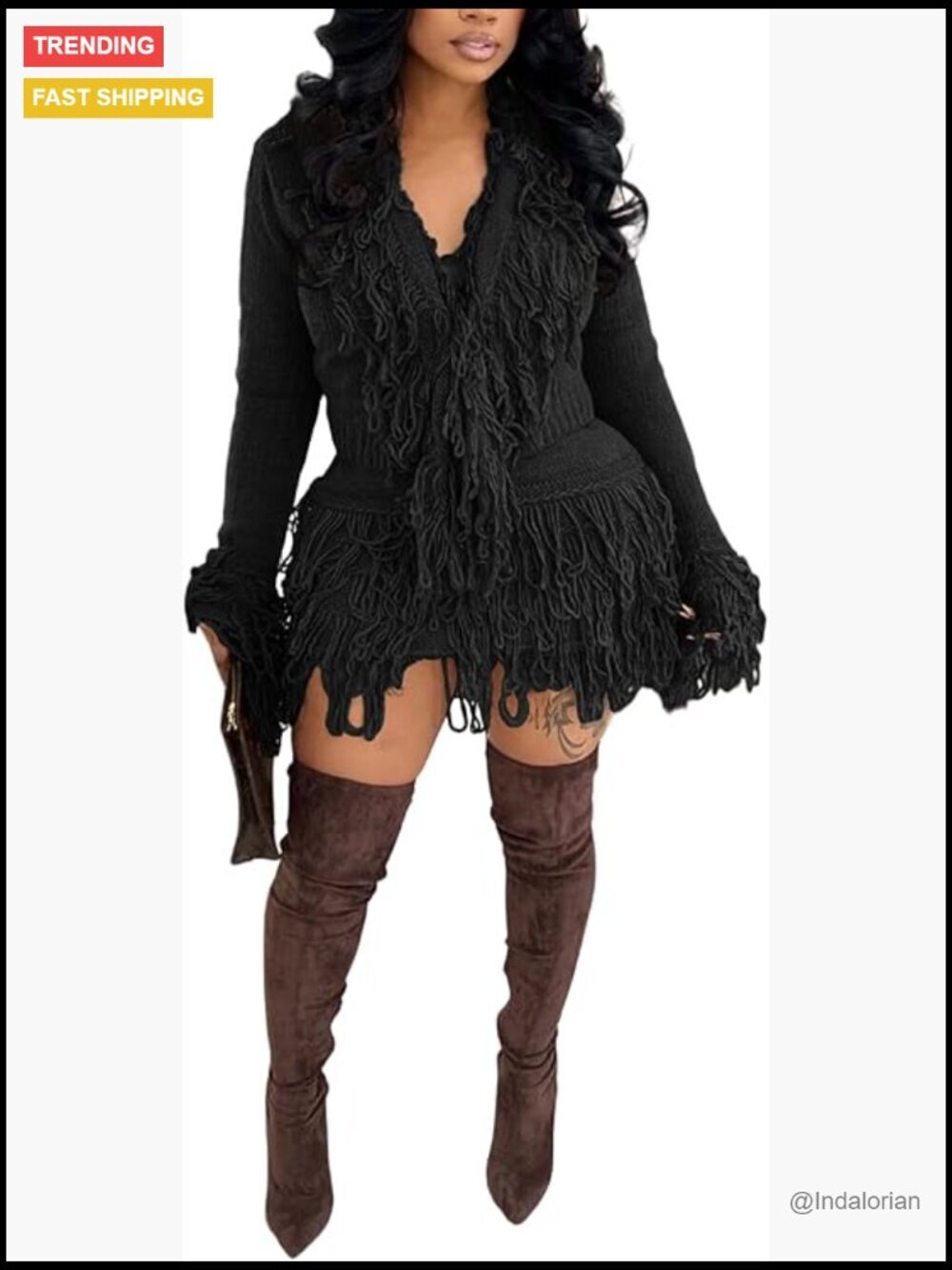 2 Piece Y2K Crochet Knit Skirt Set Fringe Tassel Bodycon Deep V Crop Top
